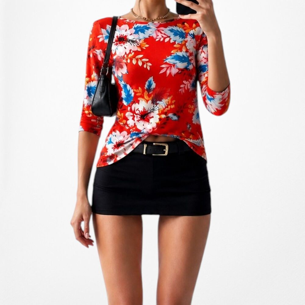 Vintage Y2K 90s Orange Floral Knit Top Quarter Sleeve Stretch Fitted Size S/M